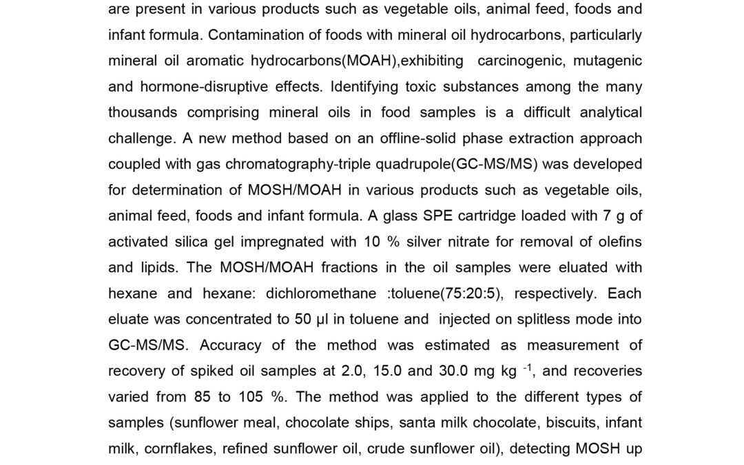 CONT-002: New Off-Line SPE-GC-MS/MS Method for Determination of MOSH/MOAH in Animal Feed, Foods, Infant Formula and Vegetable Oils
