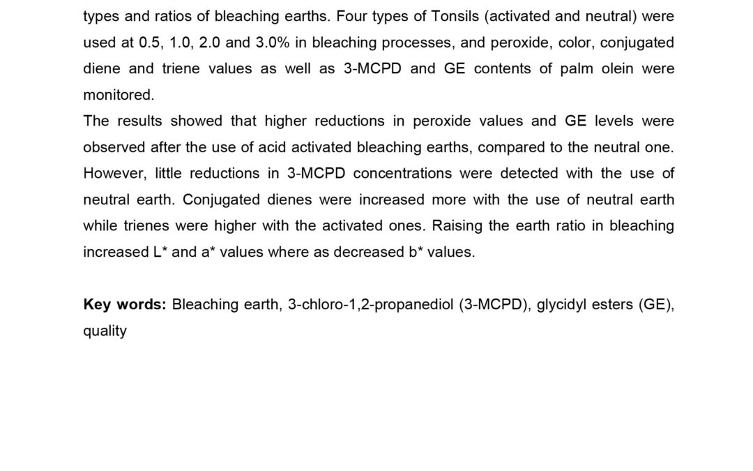 CONT-003: Monitoring Quality Parameter, 3-Chloro-1,2-Propanediol (3-MPCD) and Glycidyl Esters (GE) during Bleaching with different Types of Bleaching Earths