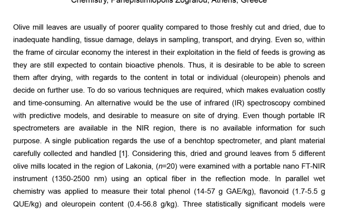 PROC-003: On the Potential of a Portable Nano FT-NIR for Predicting Total Phenol, Flavonoid and Oleuropein content of Dried Olive Mill Eeaves: A Preliminary Study