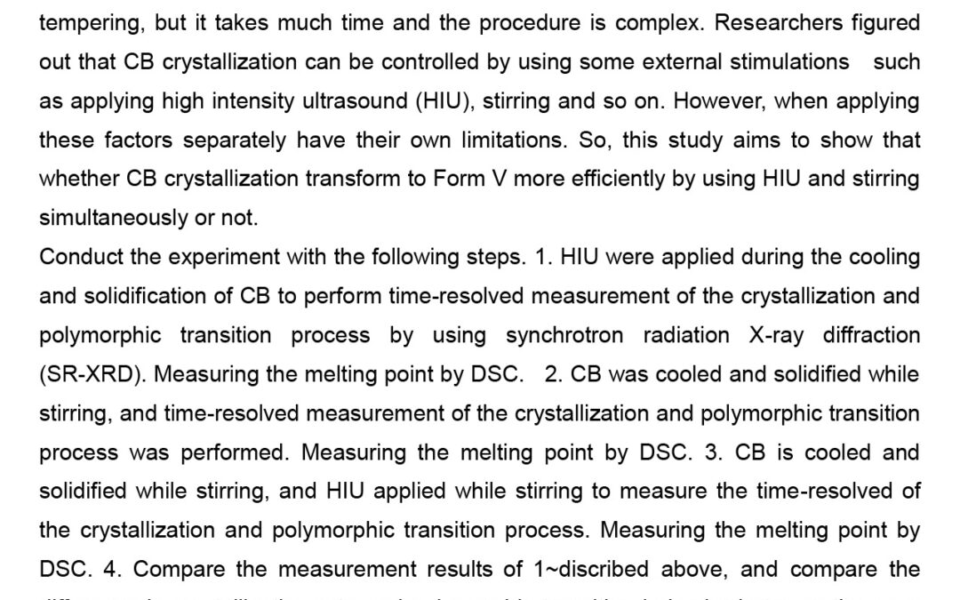 PHYS-002: Controlling Crystallization Behavior of Cocoa Butter by using High intensity ultrasound and Stirring Simultaneous Stimulation