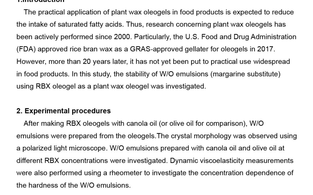 PHYS-004: Evaluation of w/o Emulsion with Oleogels Combined with Canola Oil and Rice Bran Wax