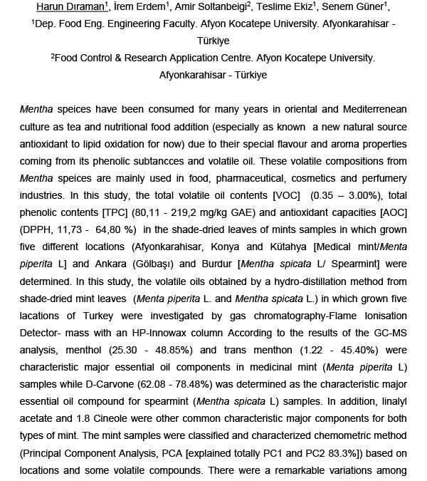 OXI-012: A Natural Antioxidant Source Against Lipid Oxidation: Total Phenolic Contents and Essential Oil Components of Mentha piperita L. and Mentha Spicata L Harvested from Different Locations in Türkiye