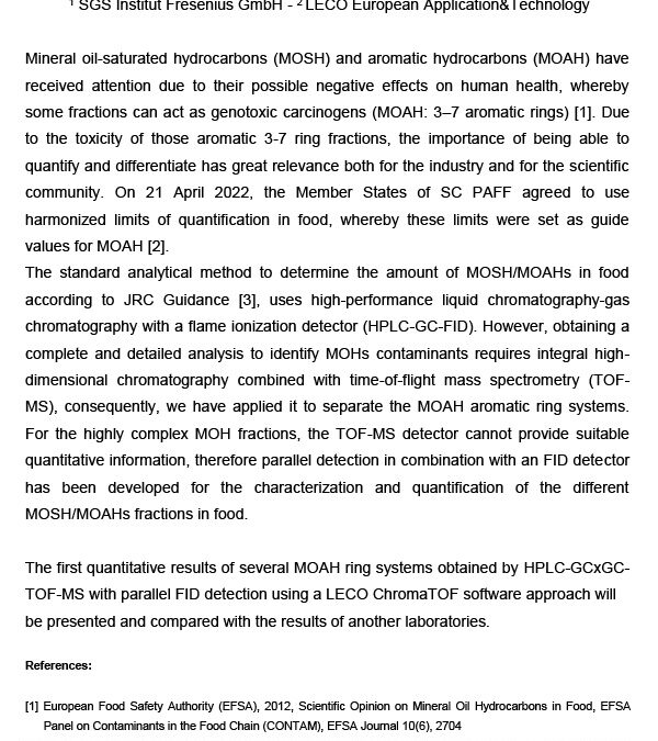 LAMI-002: Food Contamination with Mineral Oils, determined by HPLC-GCxGCToF-MS-FID. First Results of MOAH Ring Quantification