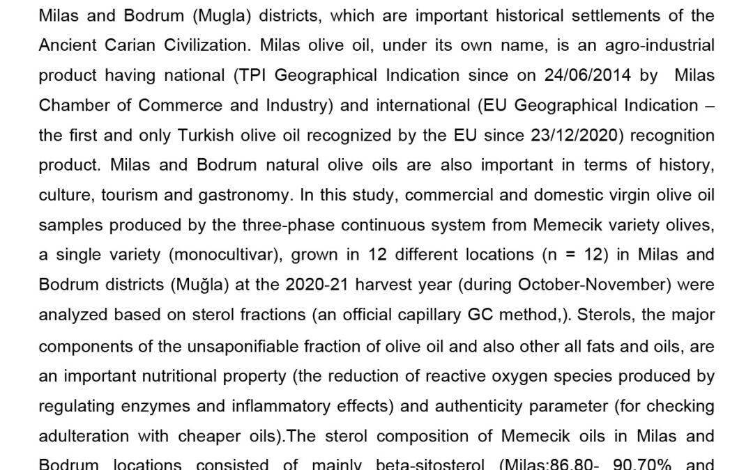 OLIV-002: Sterol Profiles of Memecik (cV) Culitivar Virgin Olive Oils Produced in Milas and Bodrum (Muğla – Türkiye) Districs