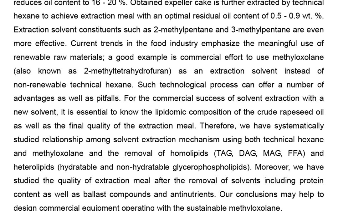 LAMI-004: Solvent Extraction of Rapeseed Expeller Cake by methyloxolane and its impact on the Quality of Rrude Rapeseed Oil and Extraction Meal