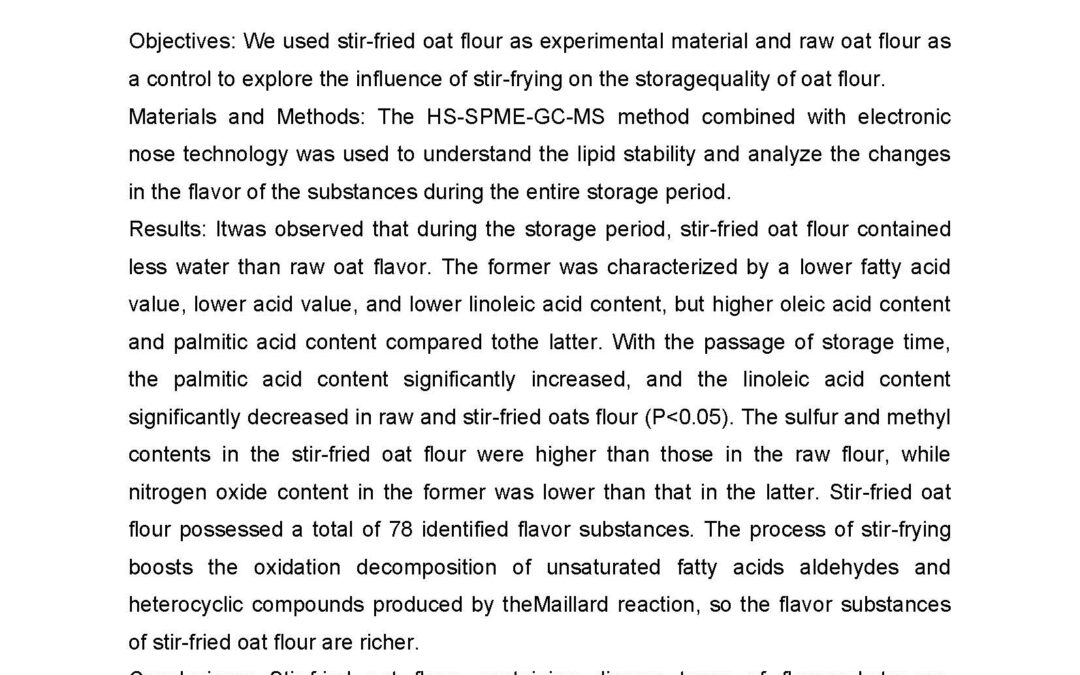 LITE-001: Influence of Stir-frying on the Lipid Stability and Flavor Substances in Oat Flour during Storage using HS-SPME-GC-MS and Electronic Nose