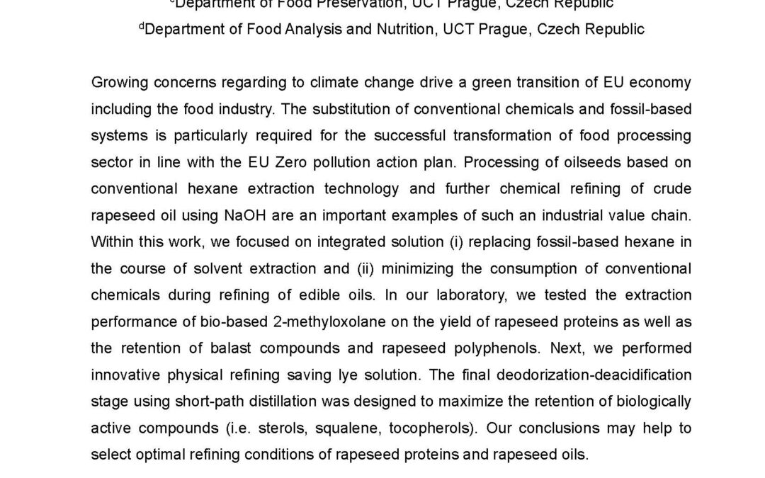 PROC-012: The Impact of Sustainable Processing on the Quality of Rapeseed Proteins and Rapeseed Oils