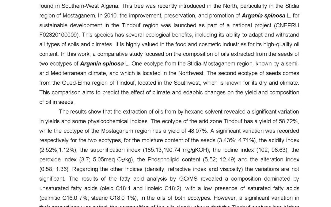 OTTO-002: Impact of Climate and Edaphic Changes on the Yield and Physicochemical Composition of Seeds Oils of Two Ecotypes of Argania spinosa L in the Regions Semi-arid of Stidia Mostagnem and Arid of Oud-Elma Tindouf from Algeria