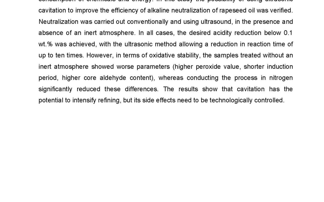 PROC-015: Cavitation as a Tool for Efficient Neutralization of Rapeseed Oil